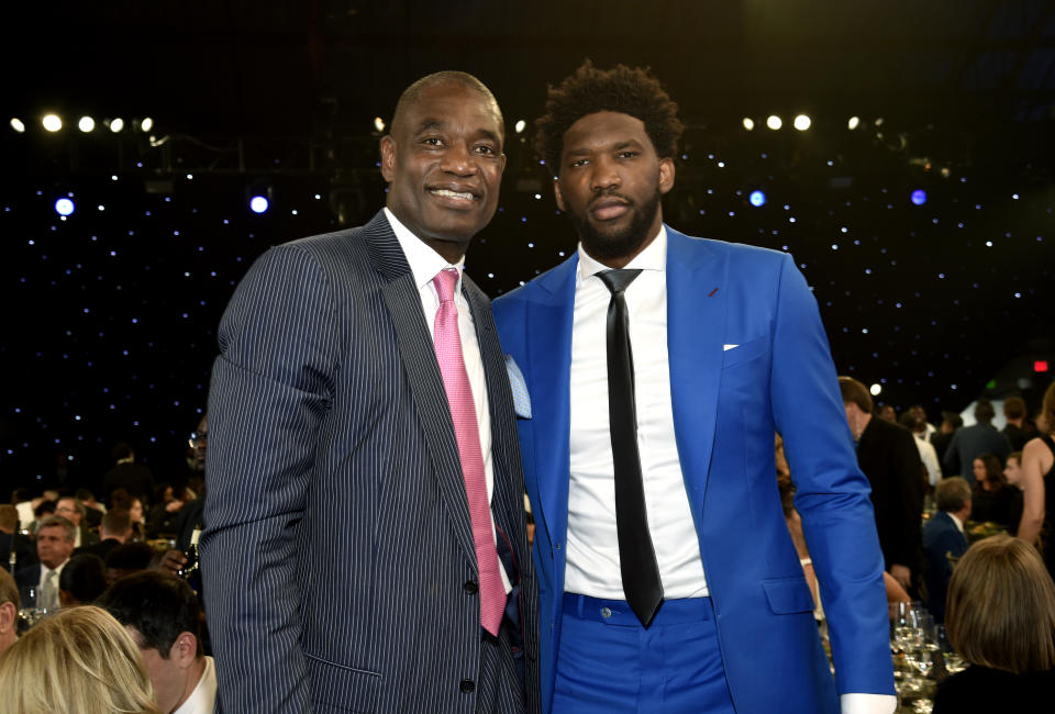 Dikembe Mutombo and Joel Embiid at the 2018 NBA Awards.