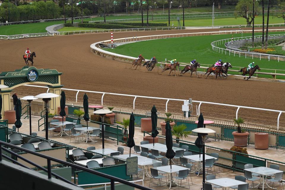 Horses run in the second race at Santa Anita Park to empty stands Saturday, March 14, 2020, in Arcadia, Calif. While most of the sports world is idled by the coronavirus pandemic, horse racing runs on. (AP Photo/Mark J. Terrill)
