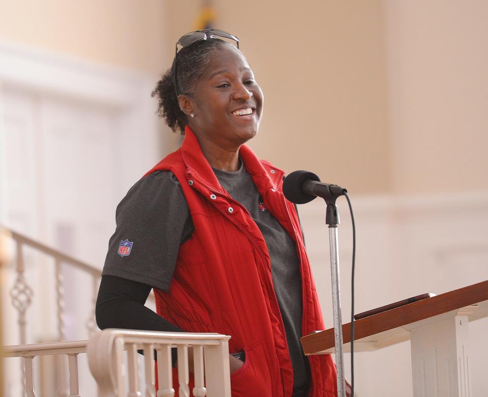 Southside residents and community partners gather at Mt. Moriah Baptist Church to present their "Rebuilding Southside" plan, which came together after 18 months of work, at the church in Spartanburg, Saturday, March 26, 2022. Keisha Gray speaks during the presentation.