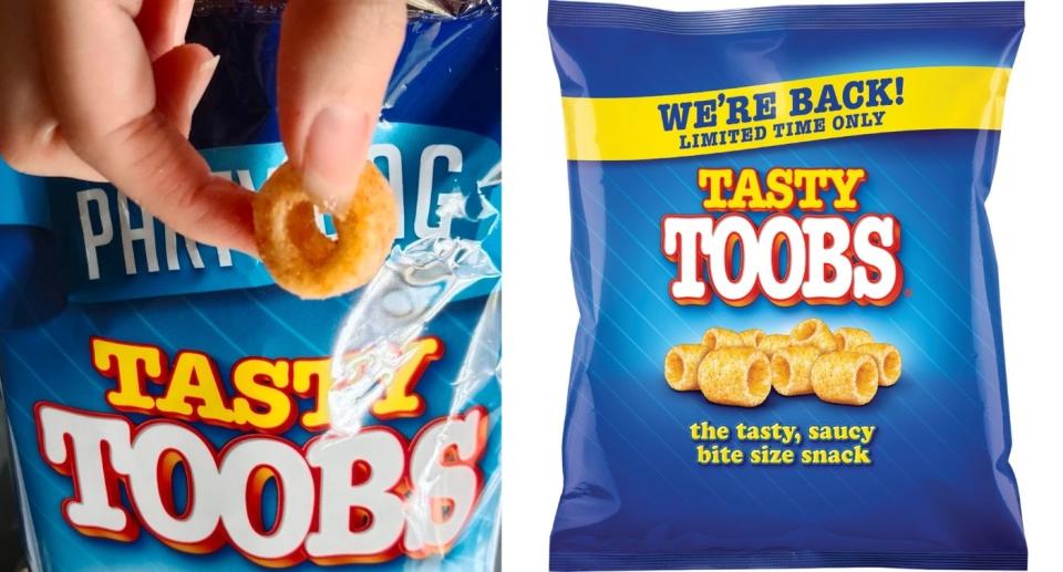 Side-by-side image. Left: Woman's hand holding Tasty Toob in front of packet of Tasty Toobs. Right: Packet of Tasty Toobs