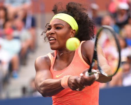 Serena Williams of the USA hits to Madison Keys of the USA on day seven of the 2015 U.S. Open tennis tournament at USTA Billie Jean King National Tennis Center. Mandatory Credit: Robert Deutsch-USA TODAY Sports