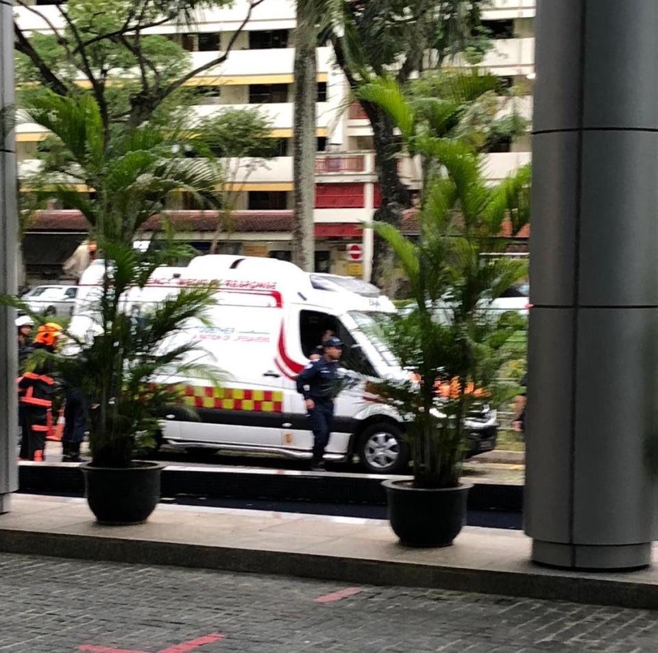 An ambulance seen at the driveway of the SPH building on 2 November, 2018. (PHOTO: Yahoo News Singapore reader)