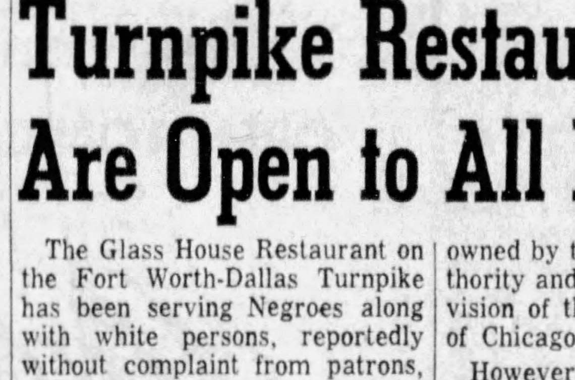 An article on Dec. 9, 1957, in the Fort Worth Star-Telegram reporting on the Glass House Restaurant along the new Dallas-Fort Worth Turnpike in Arlington serving all races.