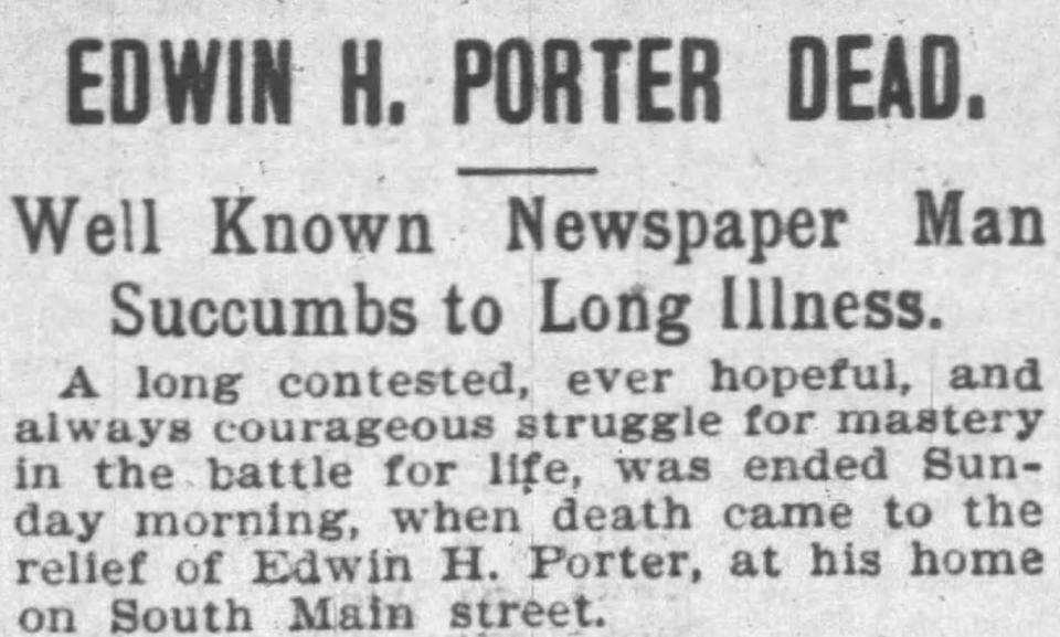 A clipping from the Fall River Daily Globe of Feb. 29, 1904, announces the death of journalist Edwin H. Porter, author of a seminal book on the Lizzie Borden murder case.