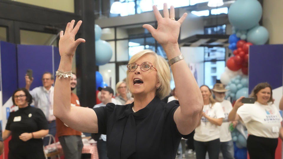 Former state lawmaker Becky Edwards arrives for an election night watch party Tuesday, Sept. 5, 2023, in Salt Lake City. Three Republicans competed in a special primary election in Utah for their party's nomination to replace U.S. Rep. Chris Stewart. Vying for the nomination are Edwards, businessman and former state party chairman Bruce Hough, and Celeste Maloy, an attorney and former aide to Stewart in Washington. (AP Photo/Rick Bowmer)