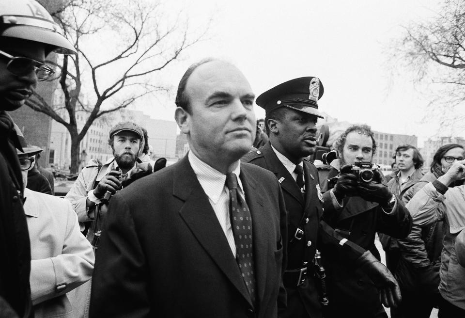 <p>John D. Ehrlichman, President Nixon’s former top domestic adviser, walks to U.S. District Court in Washington, where he pleaded innocent to charges of conspiracy and other crimes pertaining to Watergate. (Photo: AP) </p>