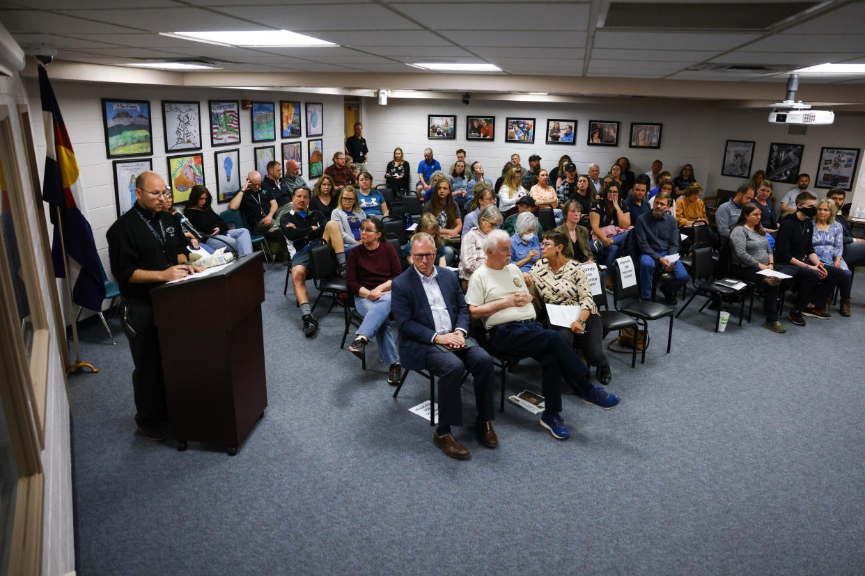 Community members attend the Woodland Park School District Board of Education meeting on April 12, 2023 in Woodland Park, Colo. (Michael Ciaglo for NBC News)