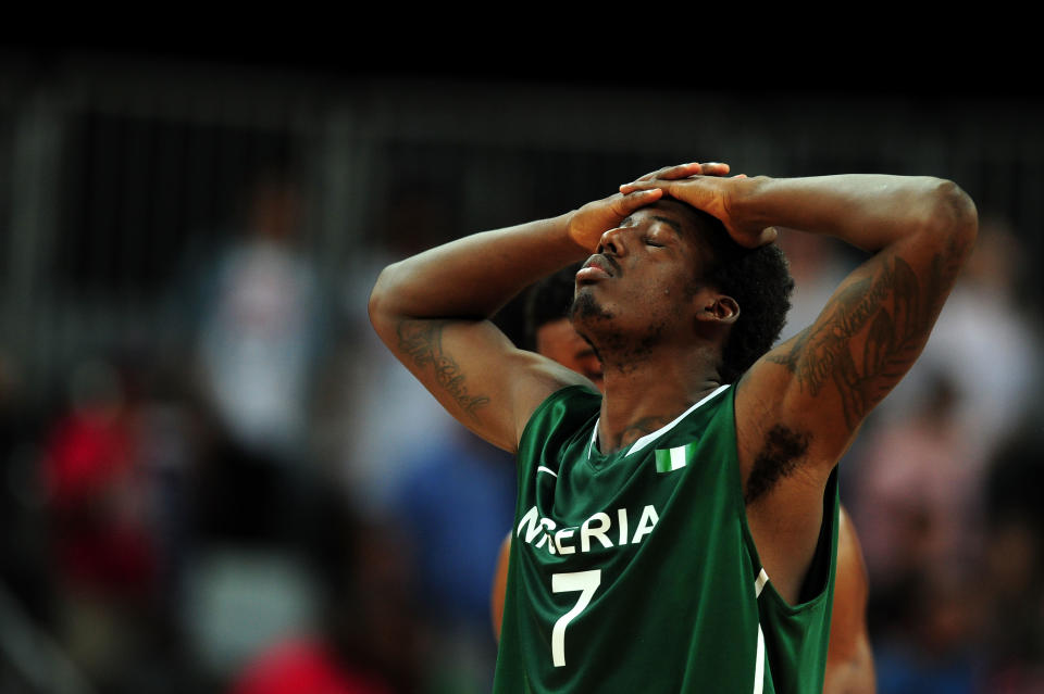 LONDON, ENGLAND - AUGUST 02: Al-Faroug Aminu #7 of Nigeria looks dejected after the Men's Basketball Preliminary Round match on Day 6 of the London 2012 Olympic Games at Basketball Arena on August 2, 2012 in London, England. (Photo by Mike Hewitt/Getty Images)