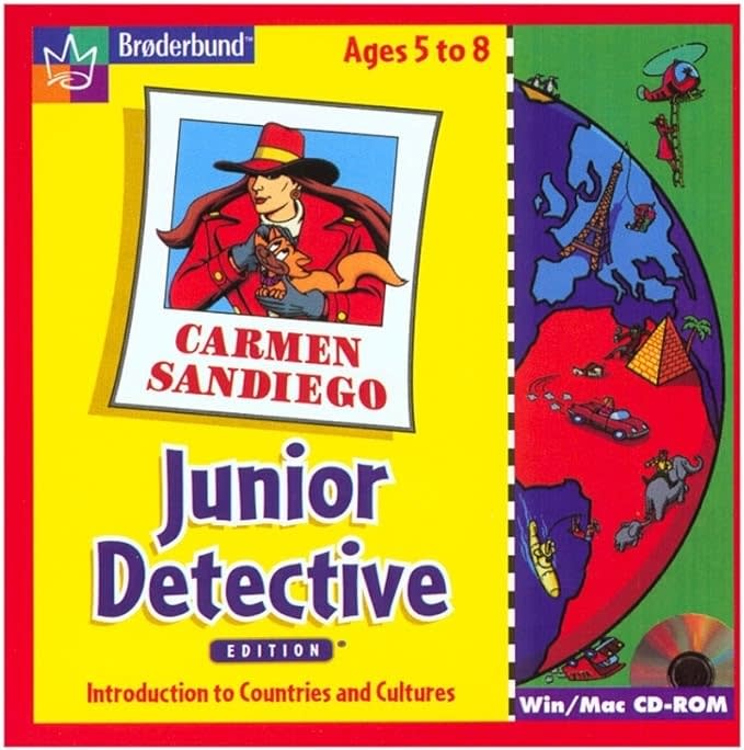 Cover of "Carmen Sandiego Junior Detective Edition" game with title and character illustration