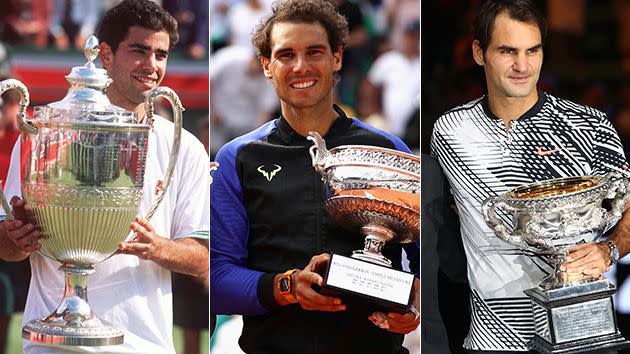 Sampras, Nadal and Federer. Image: Getty