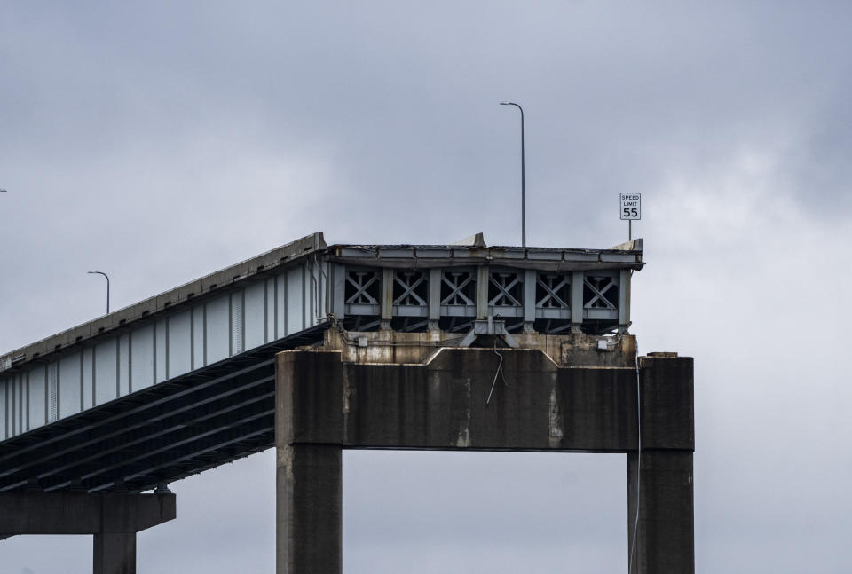 A section of the damaged and collapsed Francis Scott Key Bridge is seen, in the Baltimore port, Monday, April 1, 2024. (Kaitlin Newman/The Baltimore Banner via AP)