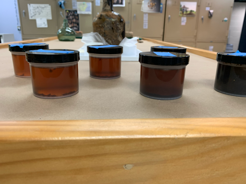 Containers with samples of the liquid found inside the cherry jars.