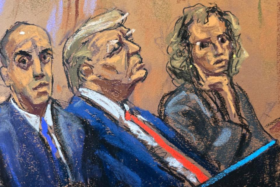 A court sketch depicts Donald Trump   during a petrial hearing in his so-called hush money case in Manhattan on 25 March (REUTERS)
