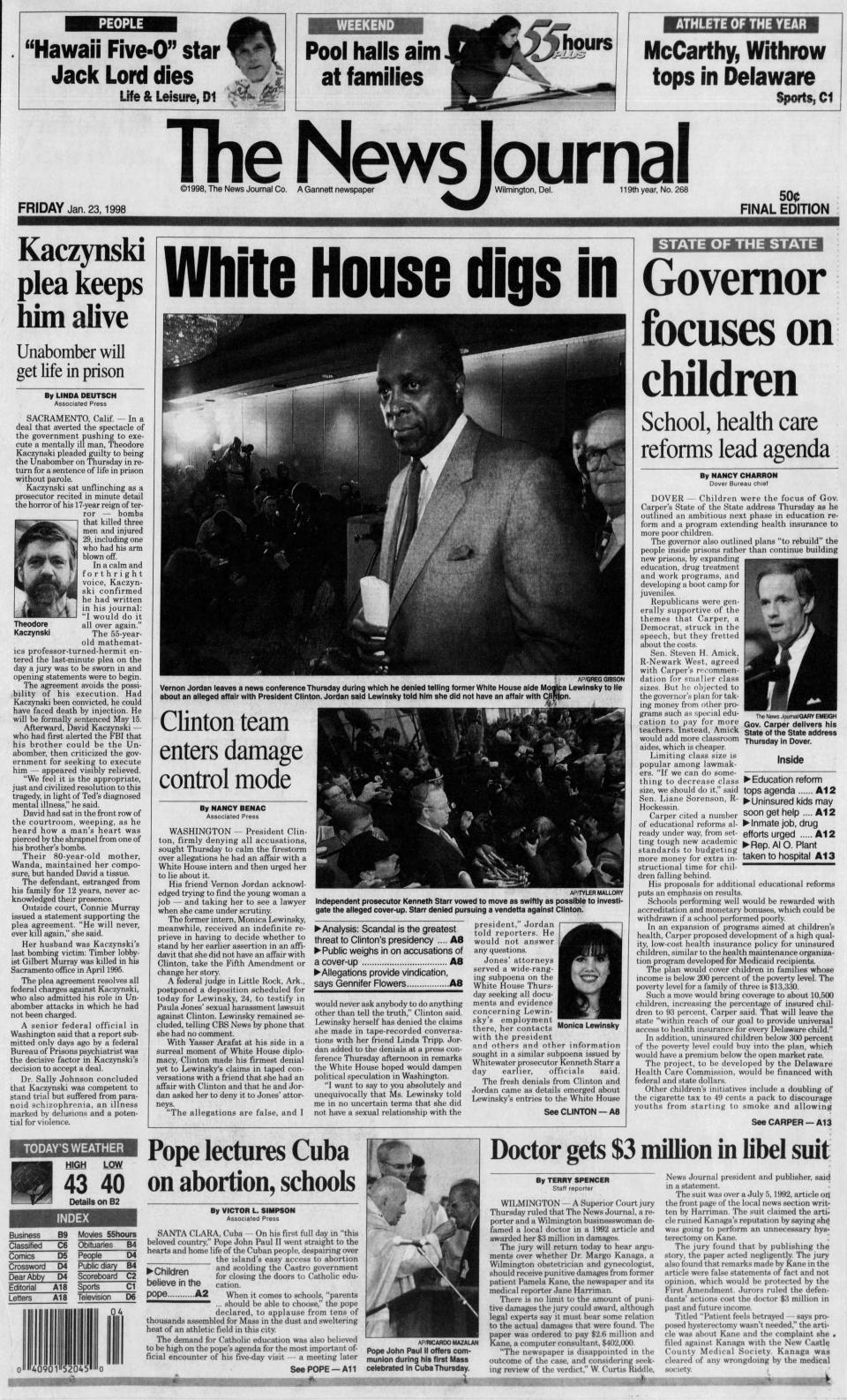 Front page of The News Journal from Jan. 23, 1998.