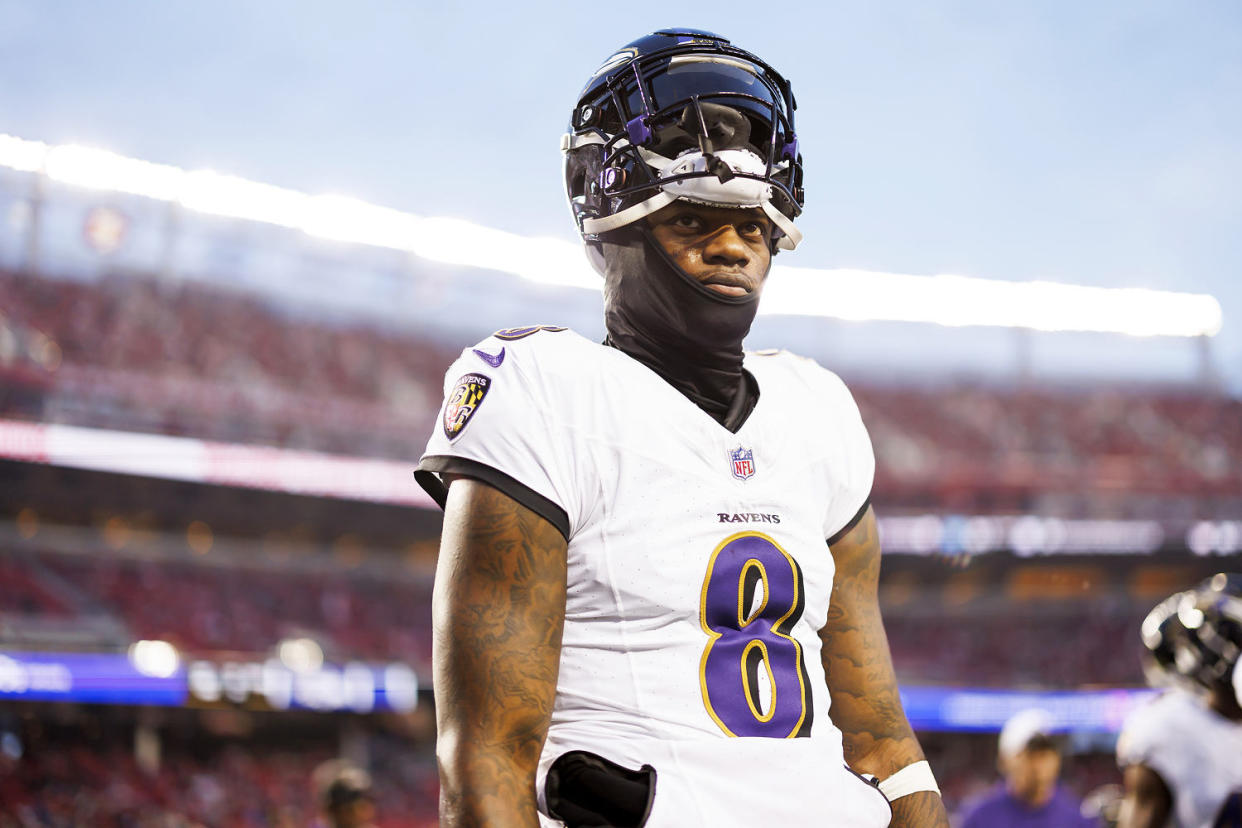 Lamar Jackson of the Baltimore Ravens at the Christmas Day game against the San Francisco 49ers. (Ryan Kang / Getty Images)