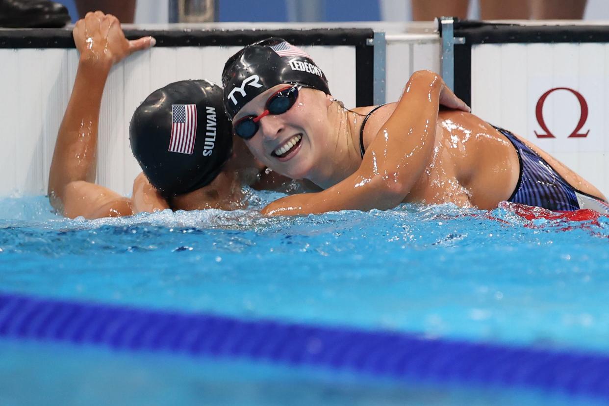 Katie Ledecky of Team United States celebrates with Erica Sullivan of Team United States after competing in the Women's 1500m Freestyle Final on day five of the Tokyo 2020 Olympic Games at Tokyo Aquatics Centre on July 28, 2021, in Tokyo, Japan.