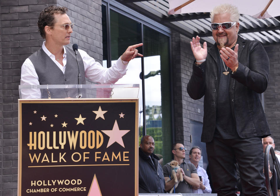 (L-R) Matthew McConaughey speaking at Guy Fieri's Star On The Hollywood Walk Of Fame Ceremony held in front of Eastown in Hollywood, CA on Wednesday, May 22, 2019. (Photo By Sthanlee B. Mirador/Sipa USA)