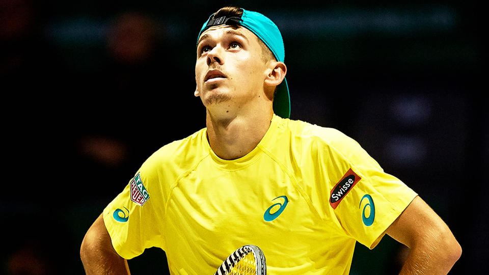 Alex De Minaur (pictured) looking frustrated during the David Cup.