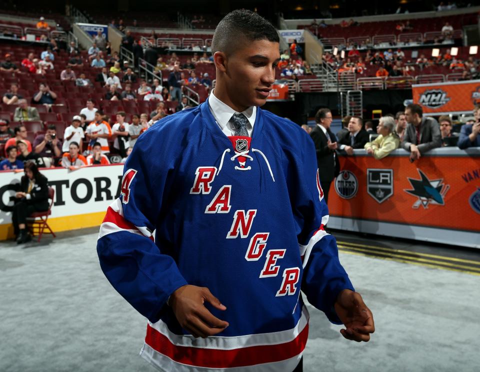 Daniel Walcott meets his team after being drafted #140 by the New York Rangers on Day Two of the 2014 NHL Draft.