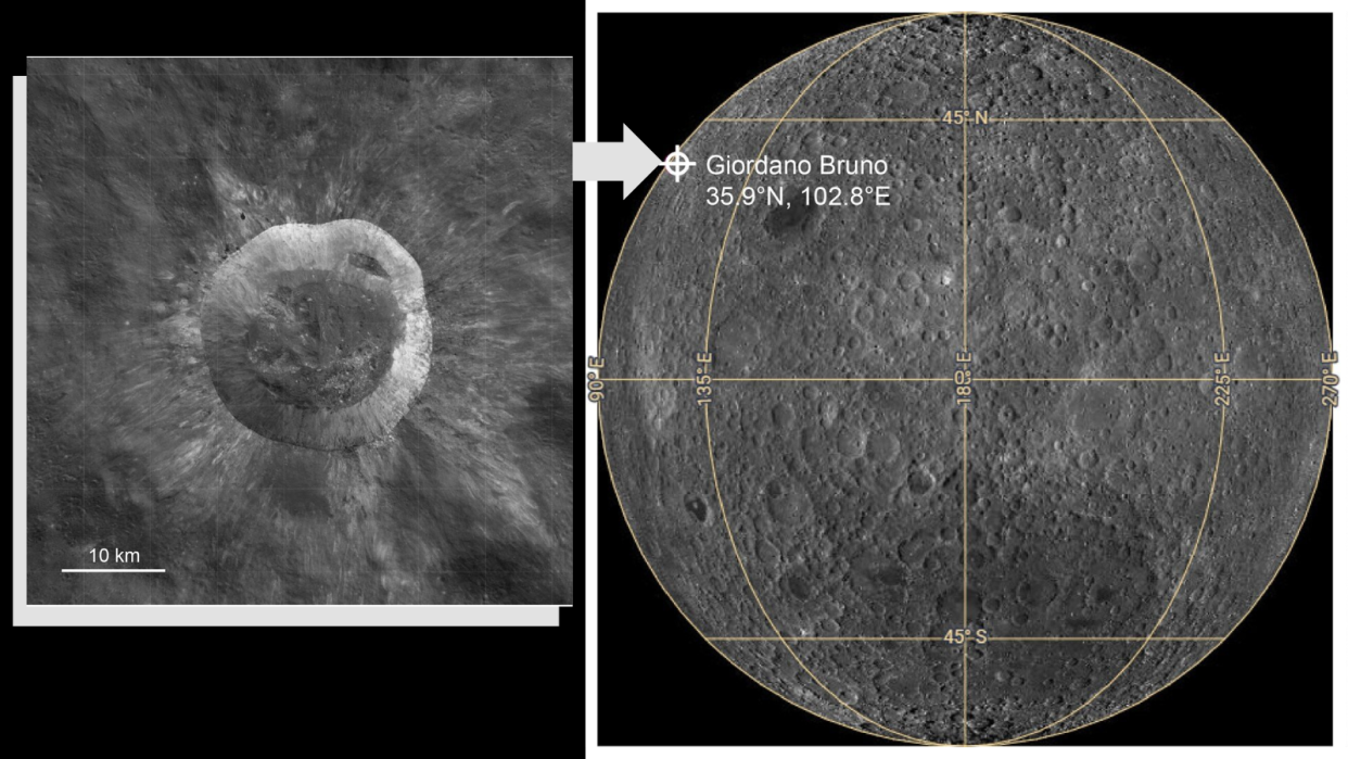  Two side by side images. at left, a closeup of a lunar crater. at right, a view of the moon against the blackness of space. 