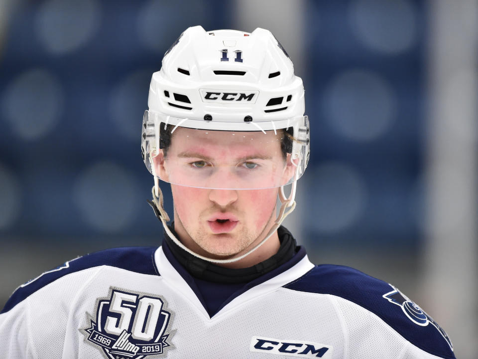 BOISBRIAND, QC - NOVEMBER 23:  Alexis Lafreniere #11 of the Rimouski Oceanic looks on during the warm-up against the Blainville-Boisbriand Armada prior to the QMJHL game at Centre d'Excellence Sports Rousseau on November 23, 2018 in Boisbriand, Quebec, Canada.  The Rimouski Oceanic defeated the Blainville-Boisbriand Armada 3-2.  (Photo by Minas Panagiotakis/Getty Images)