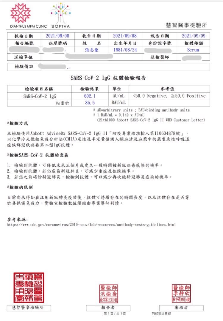 張志豪表示，他因為個人需要，所以9月8日上午和老婆一起驗了抗體，呼籲大家不需要刻意去驗，除非自己有特殊需要。   圖：翻攝張志豪臉書