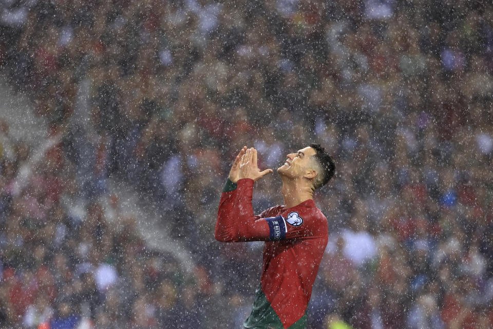 Portugal's Cristiano Ronaldo reacts during the Euro 2024 group J qualifying soccer match between Portugal and Slovakia at the Dragao stadium in Porto, Portugal, Friday, Oct. 13, 2023. (AP Photo/Luis Vieira)