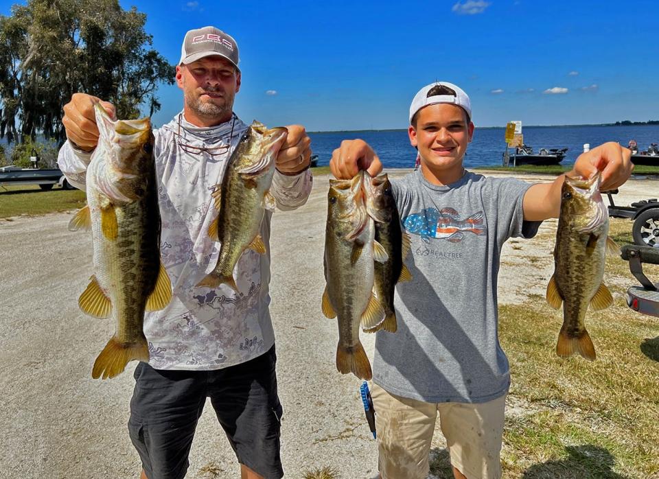 John Bard, left, and his son, Garrett Bard, had 7.94 pounds and also big bass with a 3.06-pounder to win the Freedom Bass Anglers tournament on Oct. 8 on Crooked Lake.