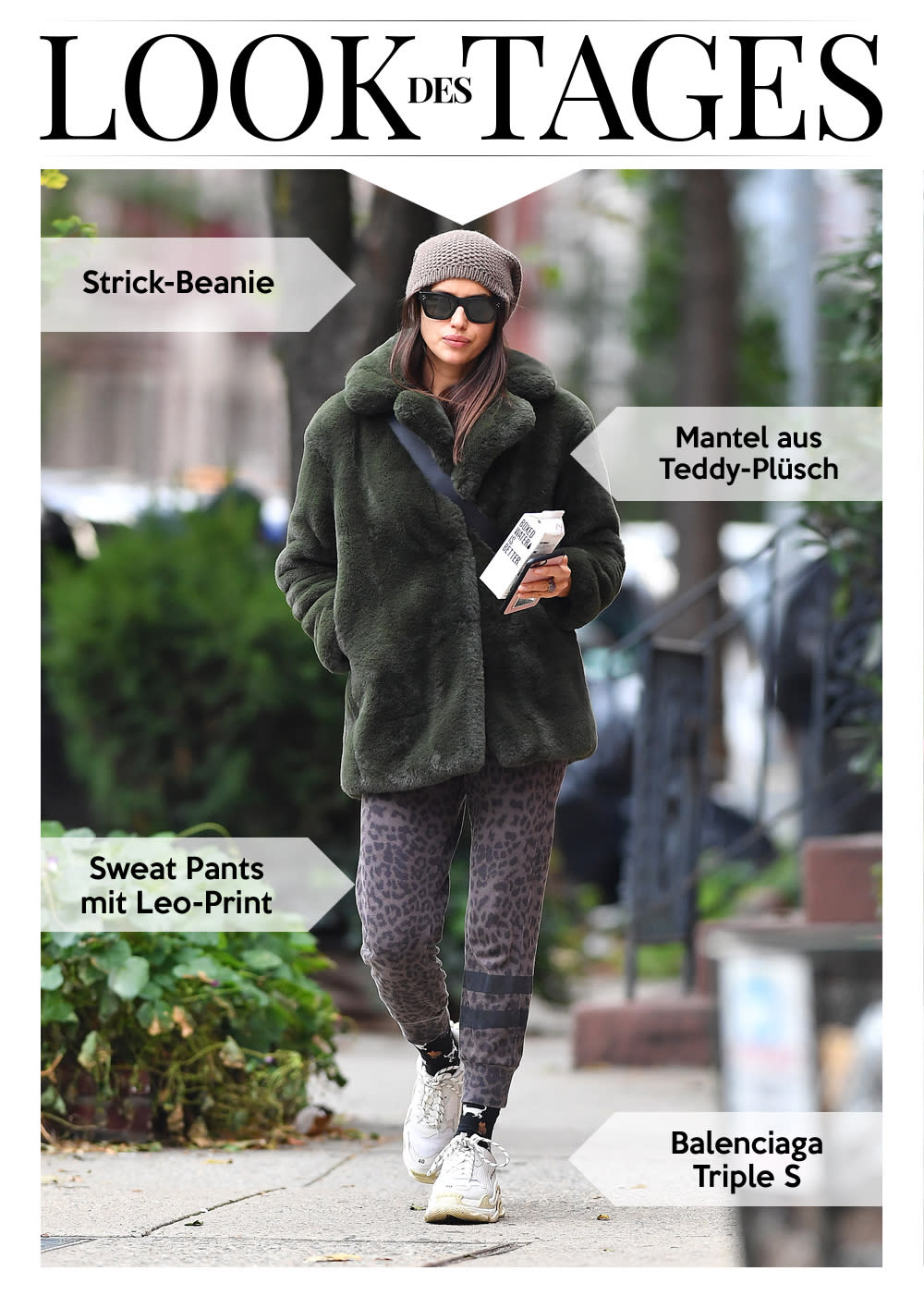 Der herbstliche Off-Duty-Look von Model Irina Shayk: Leo-Print und Teddy-Plüsch. (Bild: Robert O’neil / SplashNews.com)