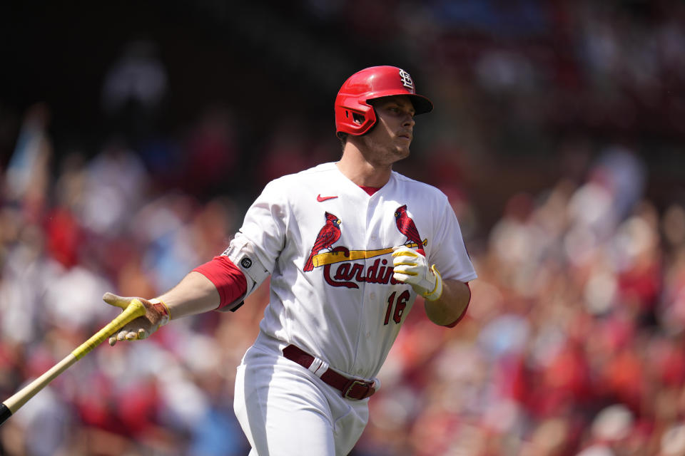 St. Louis Cardinals' Nolan Gorman rounds the bases after hitting a grand slam during the sixth inning of a baseball game against the Arizona Diamondbacks Wednesday, April 19, 2023, in St. Louis. (AP Photo/Jeff Roberson)