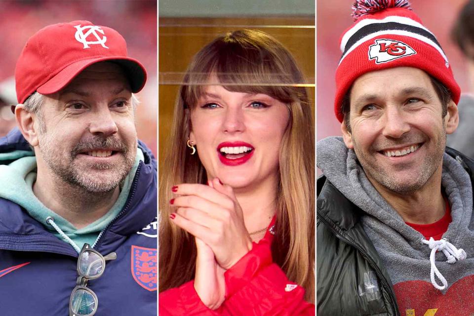 <p>Denny Medley-USA TODAY Sports; Cooper Neill/Getty; Jamie Squire/Getty</p> Jason Sudeikis, Taylor Swift and Paul Rudd cheering for the Kansas City Chiefs