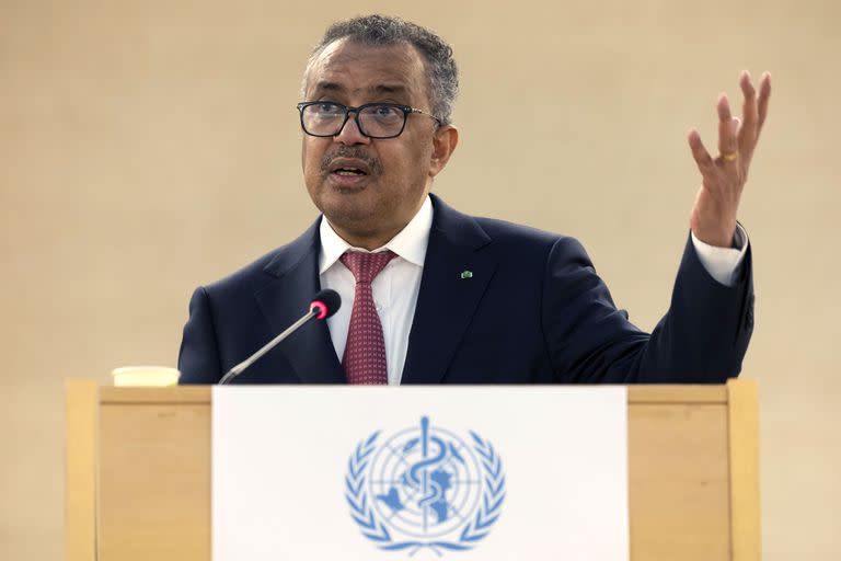 FILE - Tedros Adhanom Ghebreyesus, Director General of the World Health Organization (WHO) delivers his speech after his reelection, during the 75th World Health Assembly at the European headquarters of the United Nations in Geneva, Switzerland, on May 24, 2022. The World Health Organization chief is advising men at risk of catching monkeypox to consider reducing their sexual partners “for the moment,” days after the U.N. health agency declared the escalating outbreak to be a global emergency. At a press briefing on Wednesday, WHO Director-General Tedros Adhanom Ghebreyesus said 98 percent of monkeypox cases detected so far have been among men who are gay, bisexual or have sex with other men.  (Salvatore Di Nolfi/Keystone via AP, File)