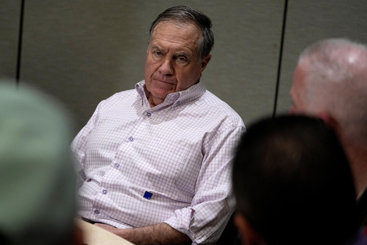New England Patriots head coach Bill Belichick speaks during the AFC head coaches availability at the NFL meetings, Monday, March 27, 2023, in Phoenix. (AP Photo/Matt York)
