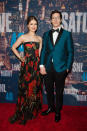 Andy Samberg, in a teal (the color of the night!) blazer, and his wife, Joanna Newsom, in a winter floral gown, take the top prize for best dressed couple on Sunday night. Even their color palates are perfectly coordinated!