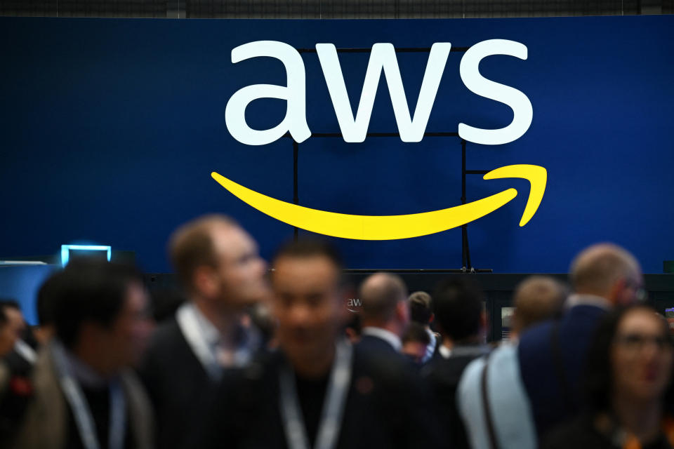 FILE PHOTO: An Amazon Web Services (AWS) logo is pictured during a trade fair in Hannover Messe, in Hanover, Germany, April 22, 2024. REUTERS/Annegret Hilse/File Photo