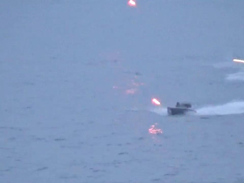 A still image from video, released by Russia's Defence Ministry, shows what it said to be the Ukrainian uncrewed speedboat attacking the Russian warship Ivan Khurs in the Black Sea near the Bosphorus strait, in this image taken from handout footage released May 24, 2023.