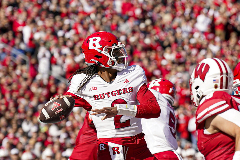 Rutgers quarterback Gavin Wimsatt (2) looks to throw against Wisconsin during the first half of an NCAA college football game Saturday, Oct. 7, 2023, in Madison, Wis. (AP Photo/Andy Manis)