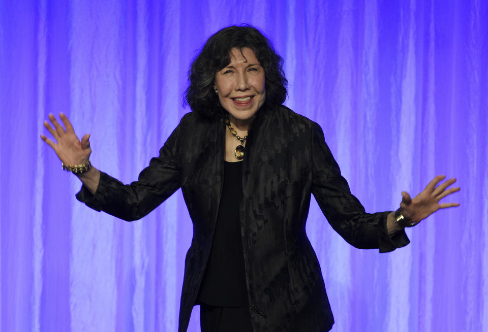 Honoree Lily Tomlin arrives onstage to collect her award at "The Paley Honors: A Special Tribute to Television's Comedy Legends" at the Beverly Wilshire Hotel, Thursday, Nov. 21, 2019, in Beverly Hills, Calif. (Photo by Chris Pizzello/Invision/AP)