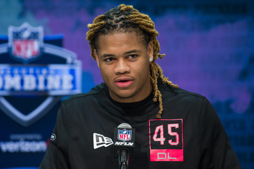 Former Ohio State defensive lineman Chase Young answers questions from the media during the NFL scouting combine on Thursday in Indianapolis. (Photo by Zach Bolinger/Icon Sportswire via Getty Images)