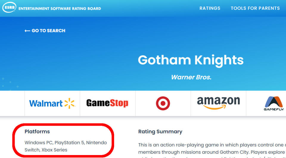 ¿Será que Gotham Knights correrá en Nintendo Switch? (imagen vía ESRB)