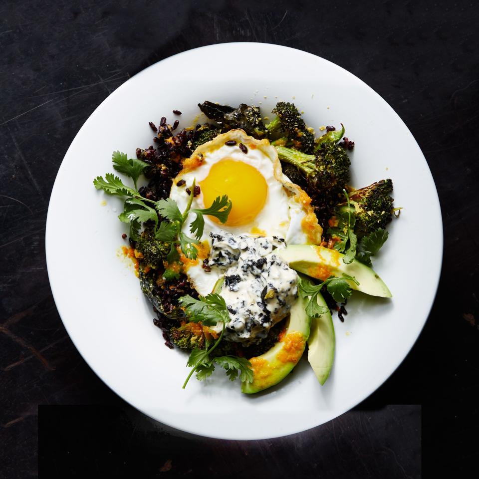 Stir-Fried Black Rice with Fried Egg and Roasted Broccoli