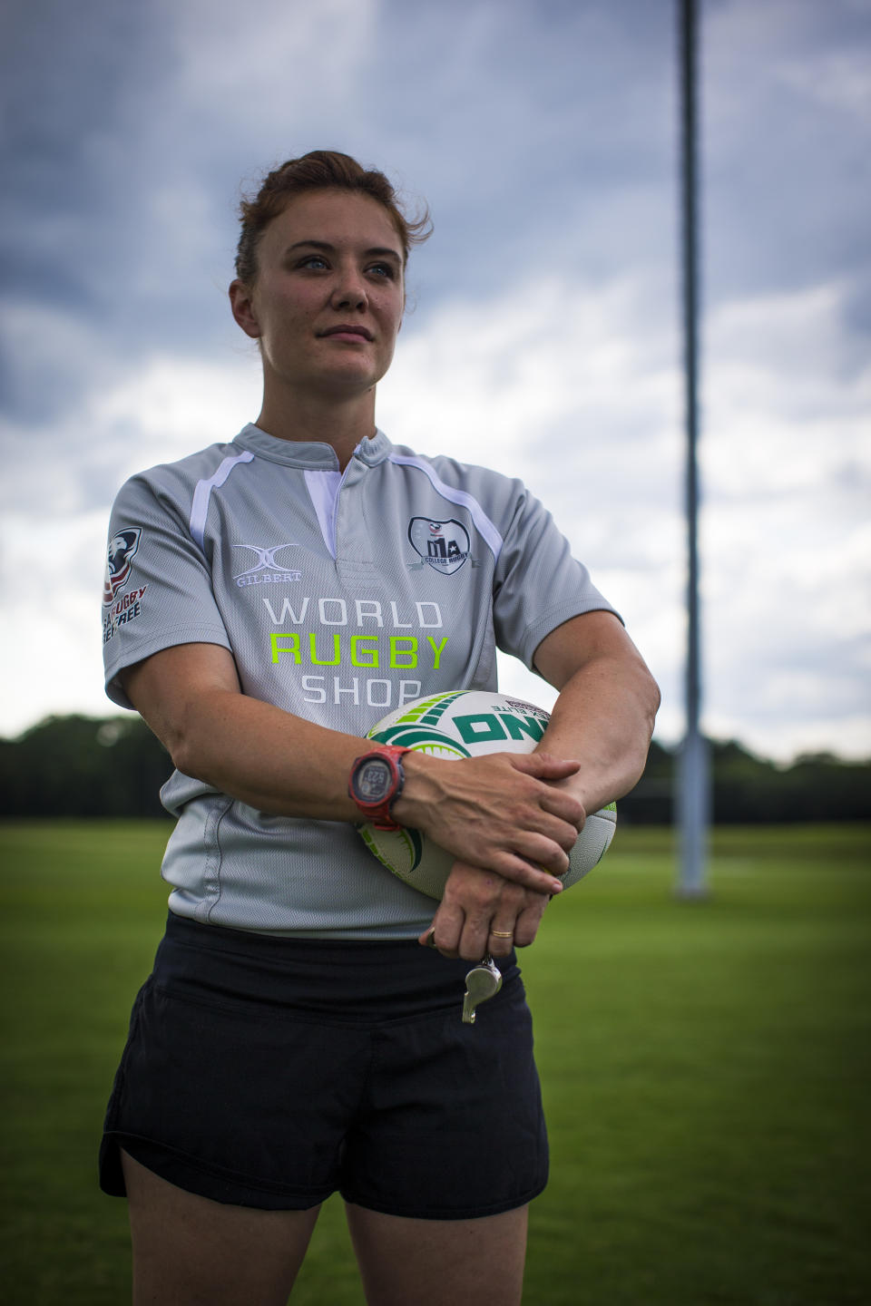 Rugby referee Gray Montrose poses for a photo at Dorey Park and Recreation Center in Henrico, Va., July 21, 2023. Montrose has been involved in the sport of rugby since she was a young teenager either as a competitor or referee. In 2021 Montrose filed a complaint with SafeSport that she was groped by another referee while driving him to a college tournament in Virginia. The referee was given six-months probation, but after Montrose expressed concern about his return to the sport, the center turned around and opened a case against her. (AP Photo/John C. Clark)