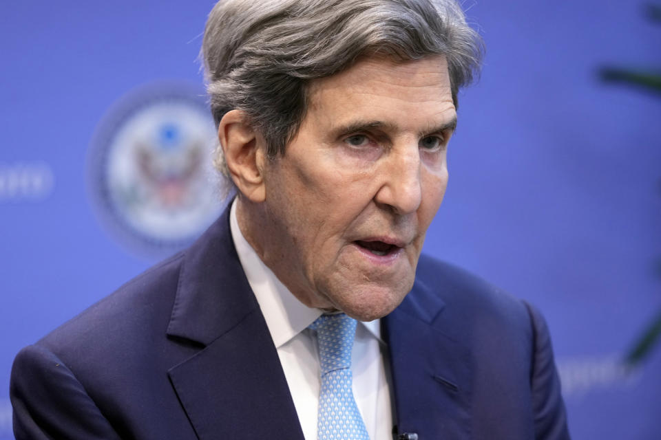 FILE - U.S. Special Presidential Envoy for Climate John Kerry speaks during an interview with The Associated Press at the U.S. Consulate General after the G-7 ministers' meeting on climate, energy and environment in Sapporo, northern Japan, April 16, 2023. Kerry defended his negotiations with China, and angrily rebuffed what he called a “stupid” lie that he routinely travels by private jet, during a grilling by House Republicans on Thursday, July 13, before he sets out on his next climate mission to Beijing. (AP Photo/Hiro Komae, File)