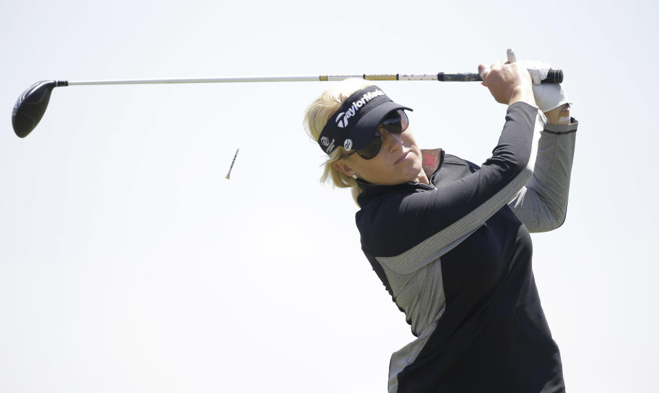 Natalie Gulbis tees off on the ninth hole during the second round of the North Texas LPGA Shootout golf tournament at the Las Colinas Country Club in Irving, Texas, Friday, May 2, 2014. (AP Photo/LM Otero)