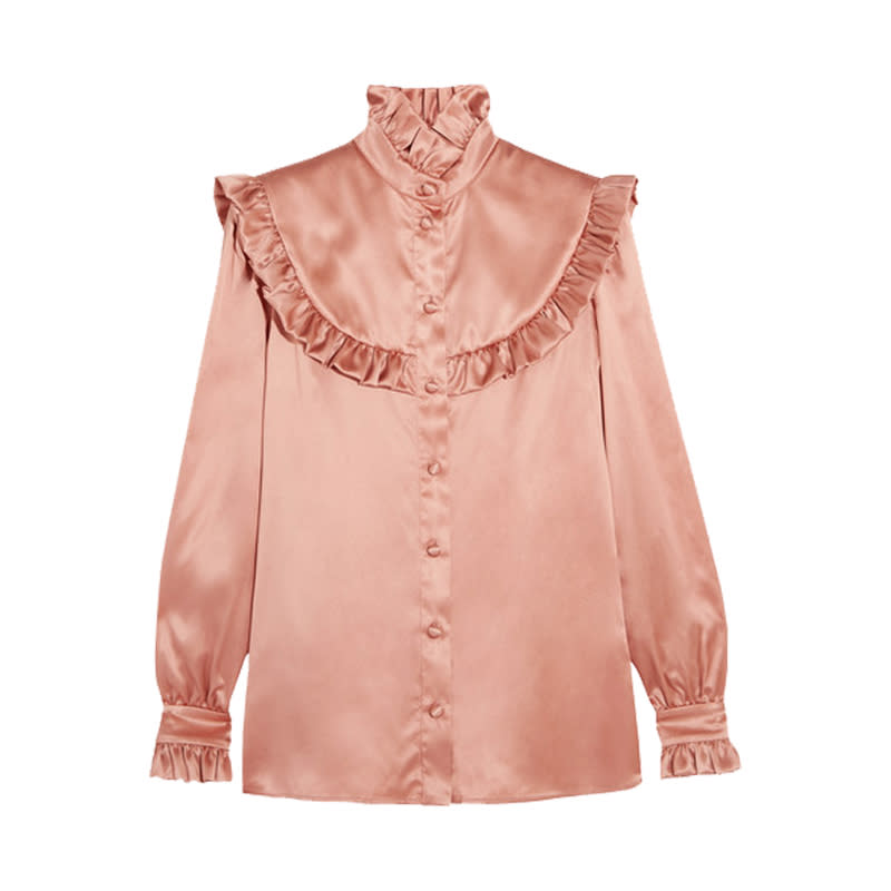 <a rel="nofollow noopener" href="http://rstyle.me/n/b3pjxvjduw" target="_blank" data-ylk="slk:Ruffled Silk-Satin Blouse, Saint Laurent, $1850;elm:context_link;itc:0;sec:content-canvas" class="link ">Ruffled Silk-Satin Blouse, Saint Laurent, $1850</a>