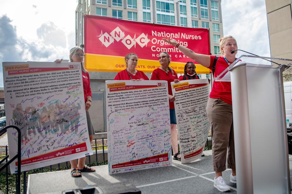 Hannah Drummond, a registered nurse and chief nurse representative of National Nurses United, speaks during a rally at Pack Square, September 7, 2023.