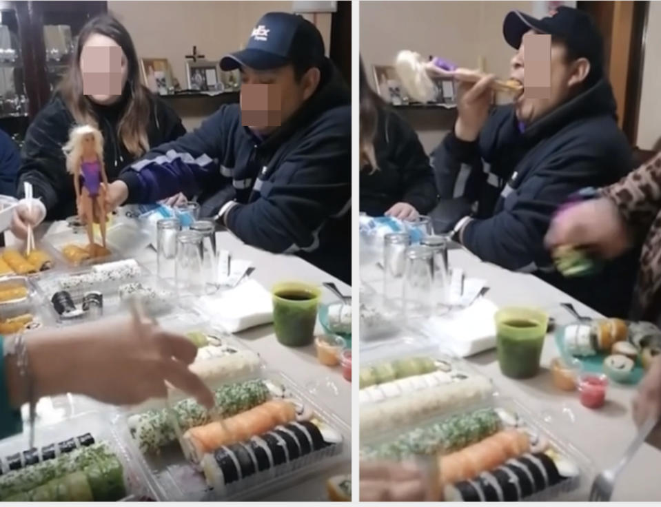 A dad using a Barbie to eat sushi