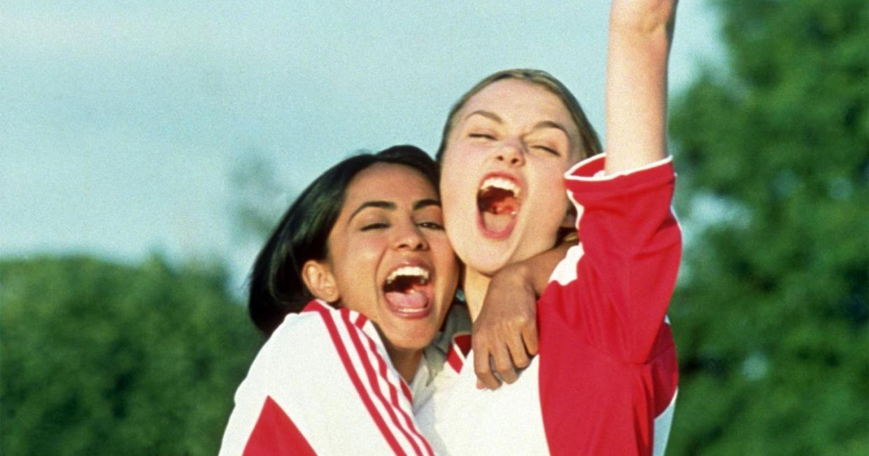 bend it like beckham, parminder nagra and keira knightley in football kit whooping