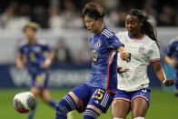 Japan's Aoba Fujino (15) controls the ball in front of the United States' Jaedyn Shaw (8) in the first half of the SheBelieves Cup women’s soccer tournament, Saturday, April 6, 2024, in Atlanta. (AP Photo/Mike Stewart)
