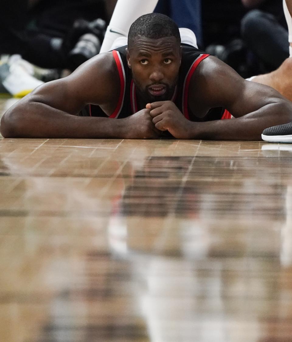 Toronto Raptors' Serge Ibaka reacts during the second half of Game 2 of the NBA Eastern Conference basketball playoff finals against the Milwaukee Bucks Friday, May 17, 2019, in Milwaukee. The Bucks won 125-103 to take a 2-0 lead in the series. (AP Photo/Morry Gash)